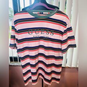 Guess 1981 Retro Multicolor Embroidered Logo Striped T Shirt Vtg 90s Size Medium